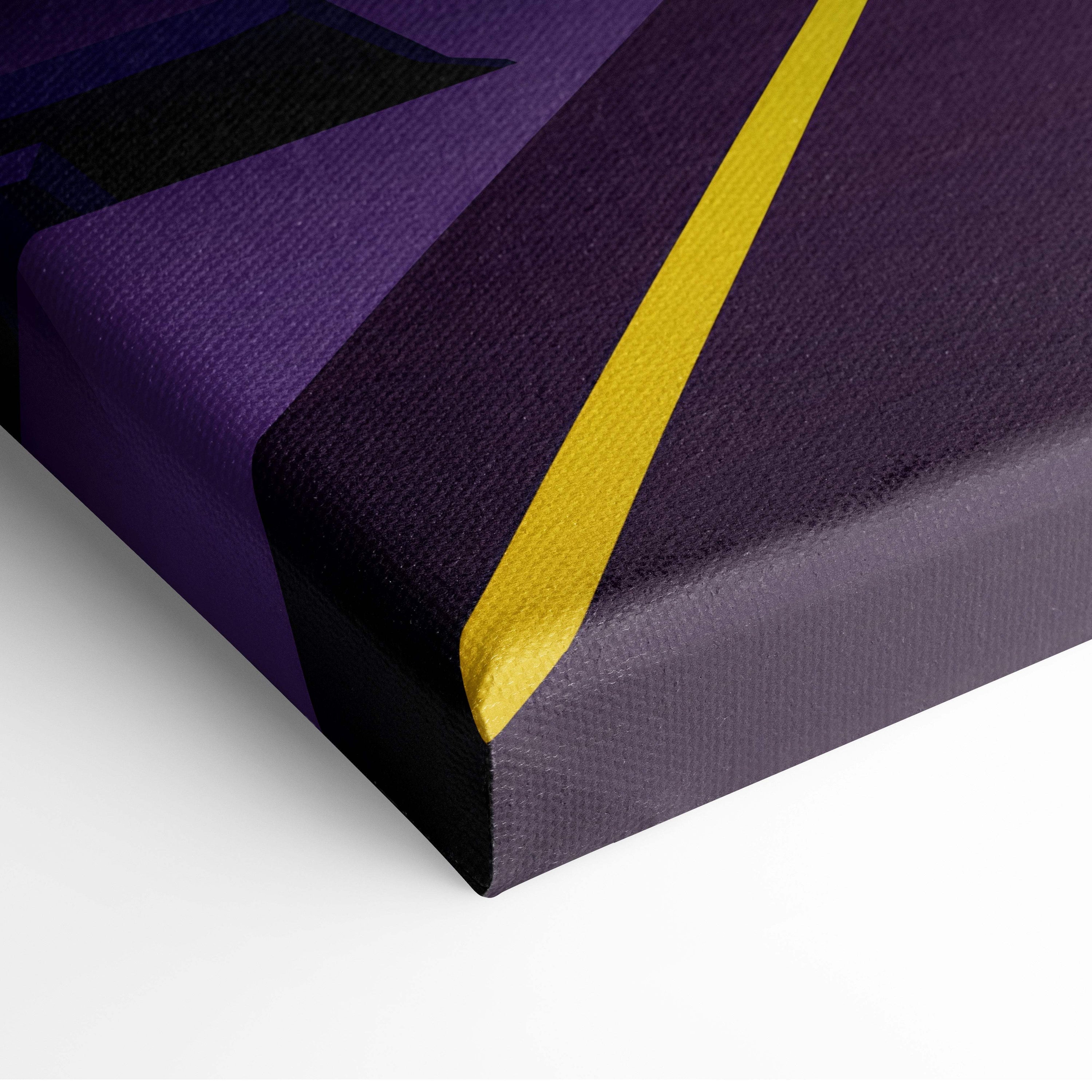 Retrowave neon city road canvas art print with bold yellow diagonal stripe on purple and black canvas for wall decor