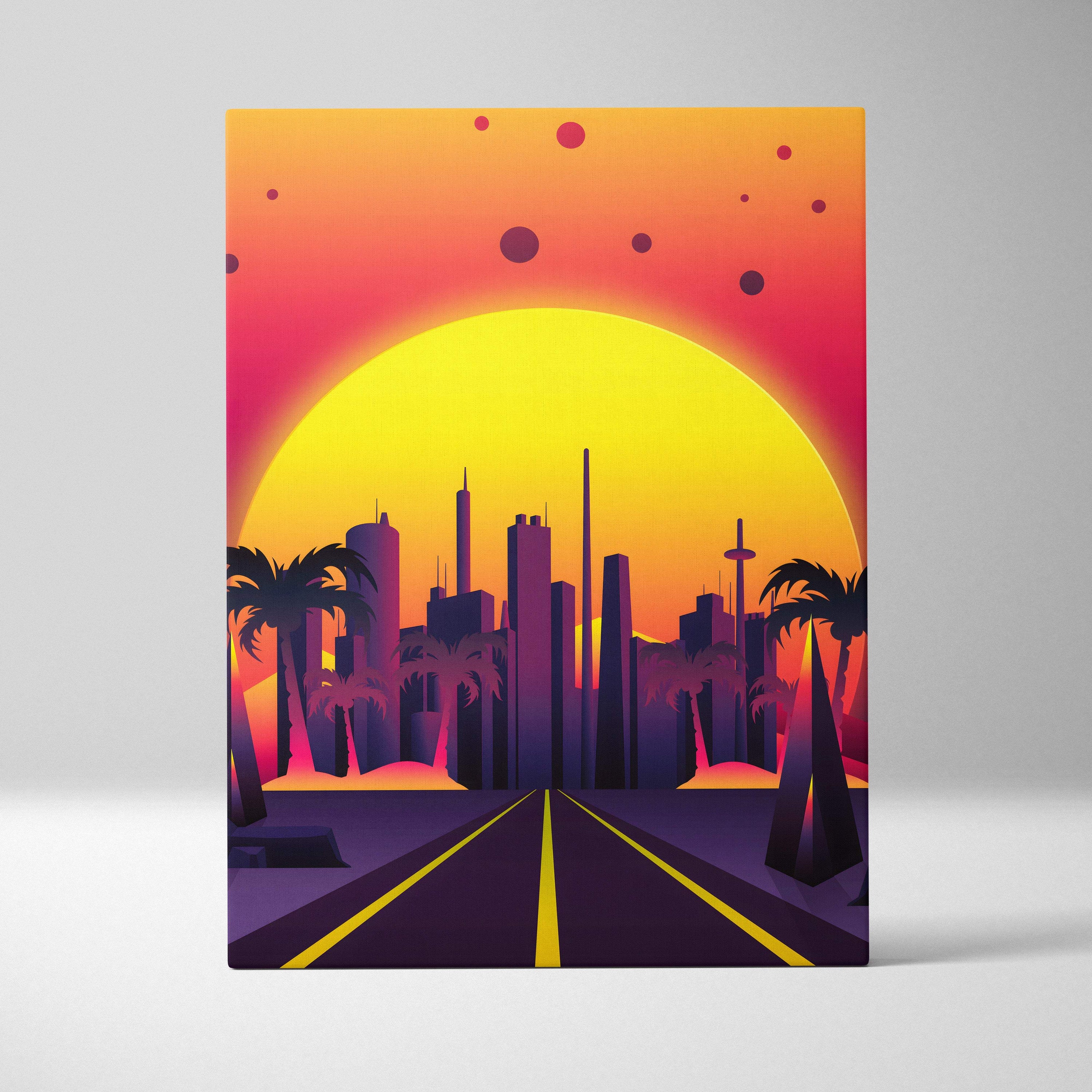 Vibrant retrowave neon city road canvas art print with yellow orange sunset skyline and silhouetted palm trees