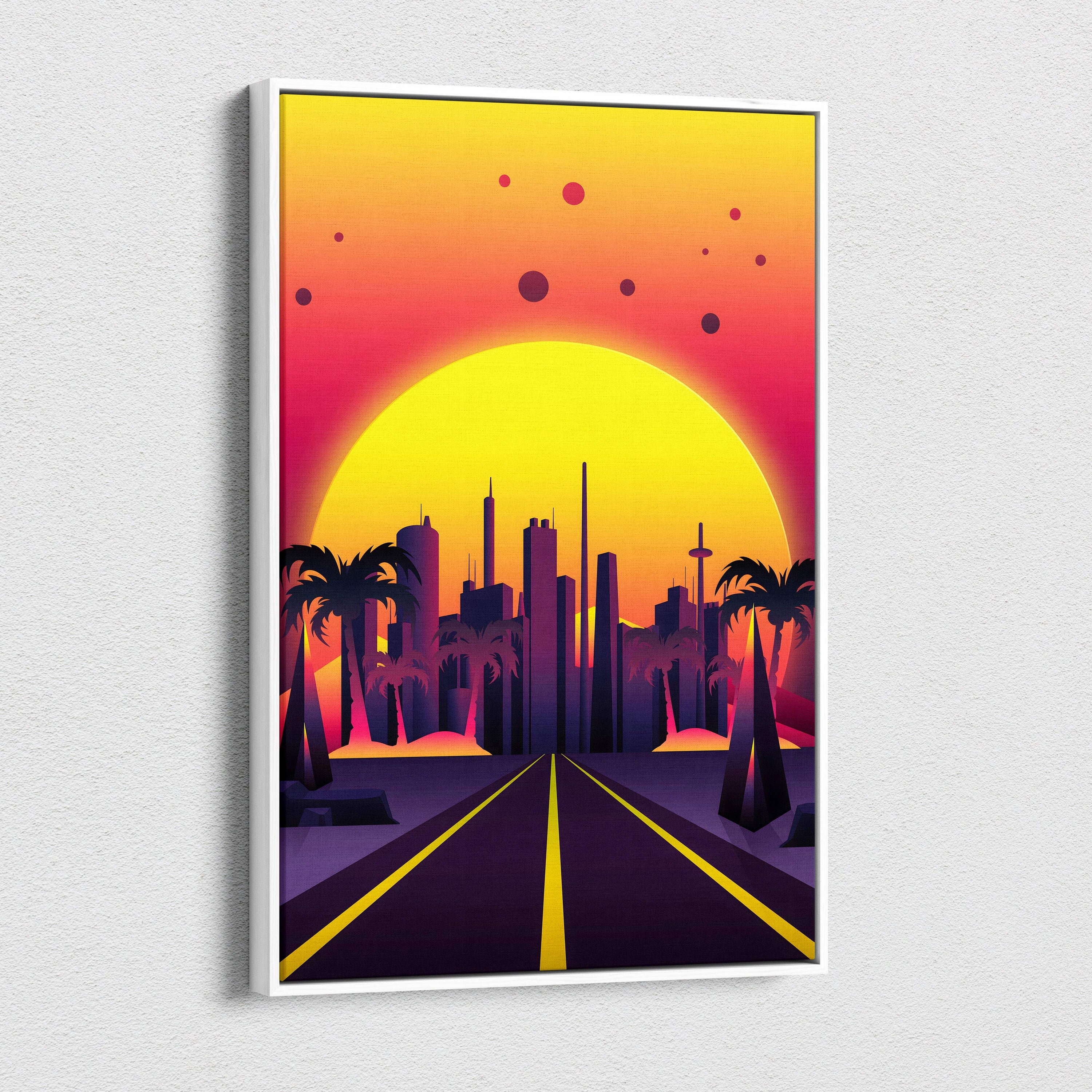 A framed retro-style canvas art print featuring a vibrant yellow orange synthwave sunset cityscape with palm trees and road