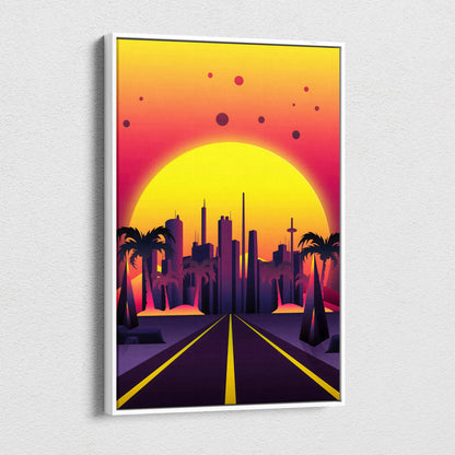 A framed retro-style canvas art print featuring a vibrant yellow orange synthwave sunset cityscape with palm trees and road