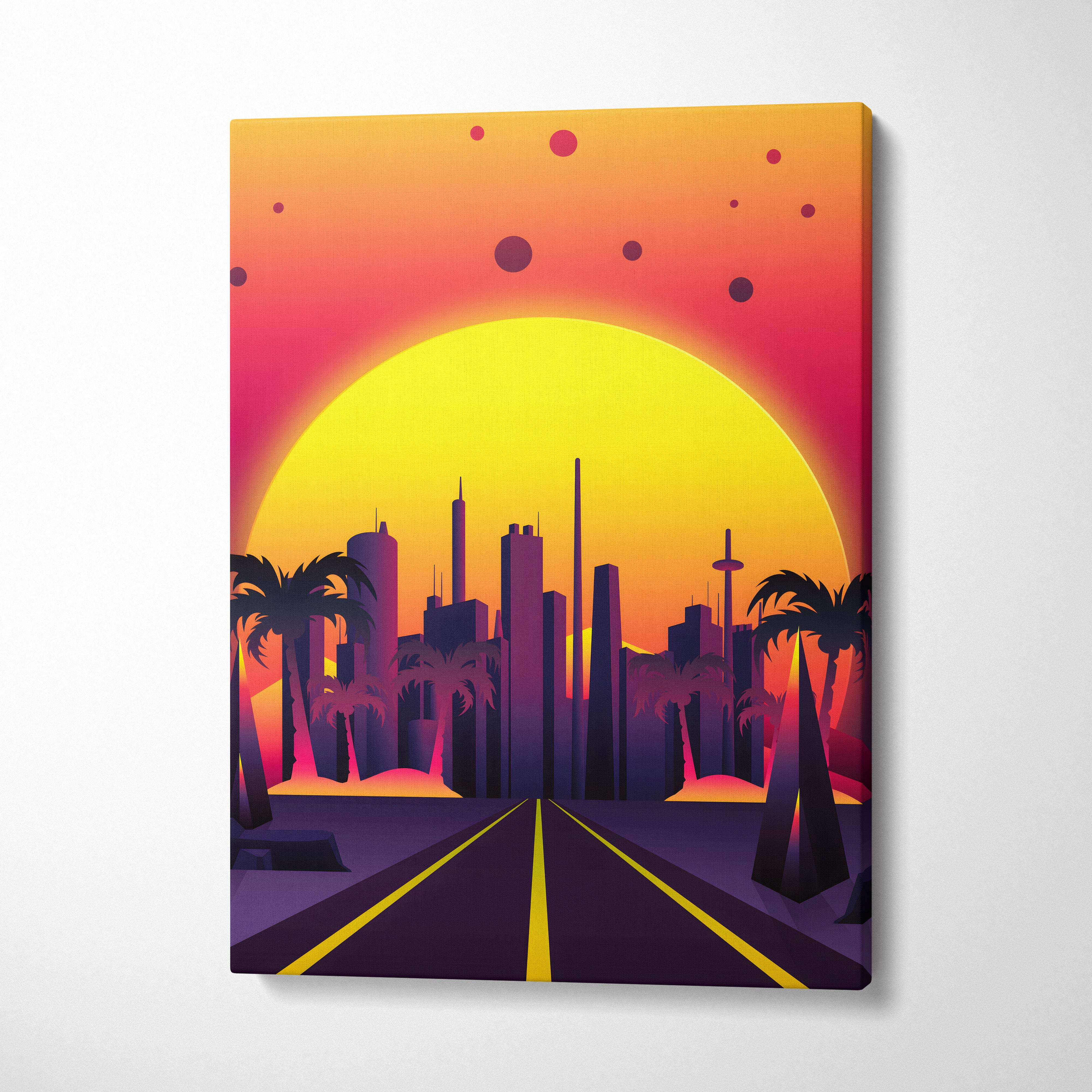 Vibrant retrowave neon city road canvas art print with glowing yellow sun, palm trees, and geometric buildings on orange pink sky