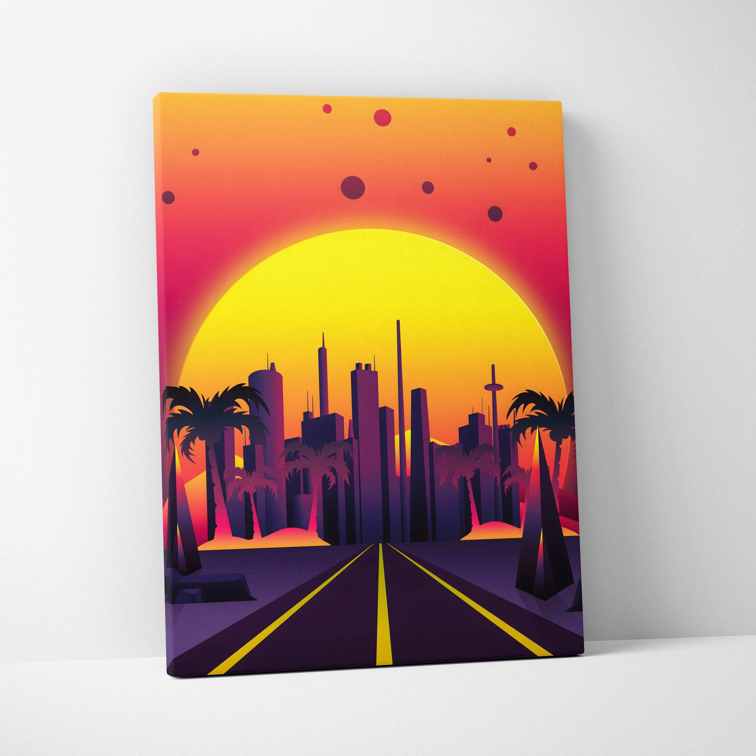 Retrowave neon city road canvas art print with glowing yellow sun setting over vibrant synthwave palm tree skyline