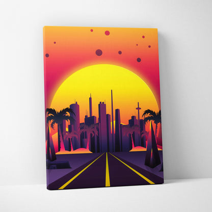 Retrowave neon city road canvas art print with glowing yellow sun setting over vibrant synthwave palm tree skyline