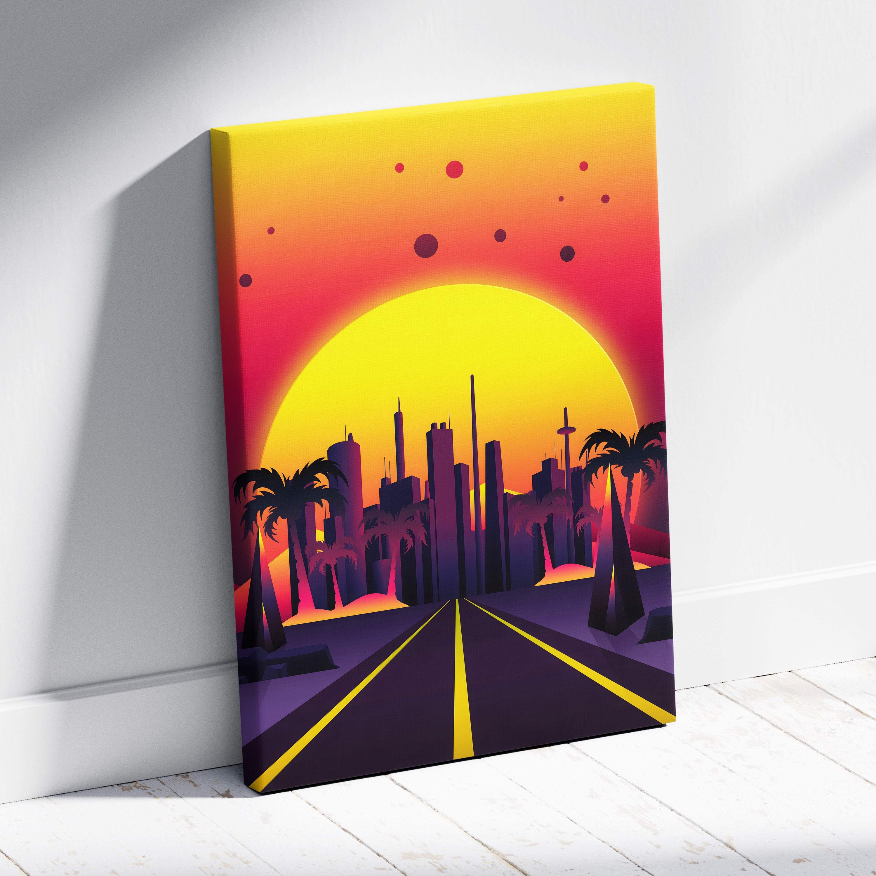 Vibrant retrowave neon city road canvas art print featuring a sunset skyline with yellow orange palm trees and synthwave colors