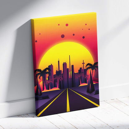 Vibrant retrowave neon city road canvas art print featuring a sunset skyline with yellow orange palm trees and synthwave colors