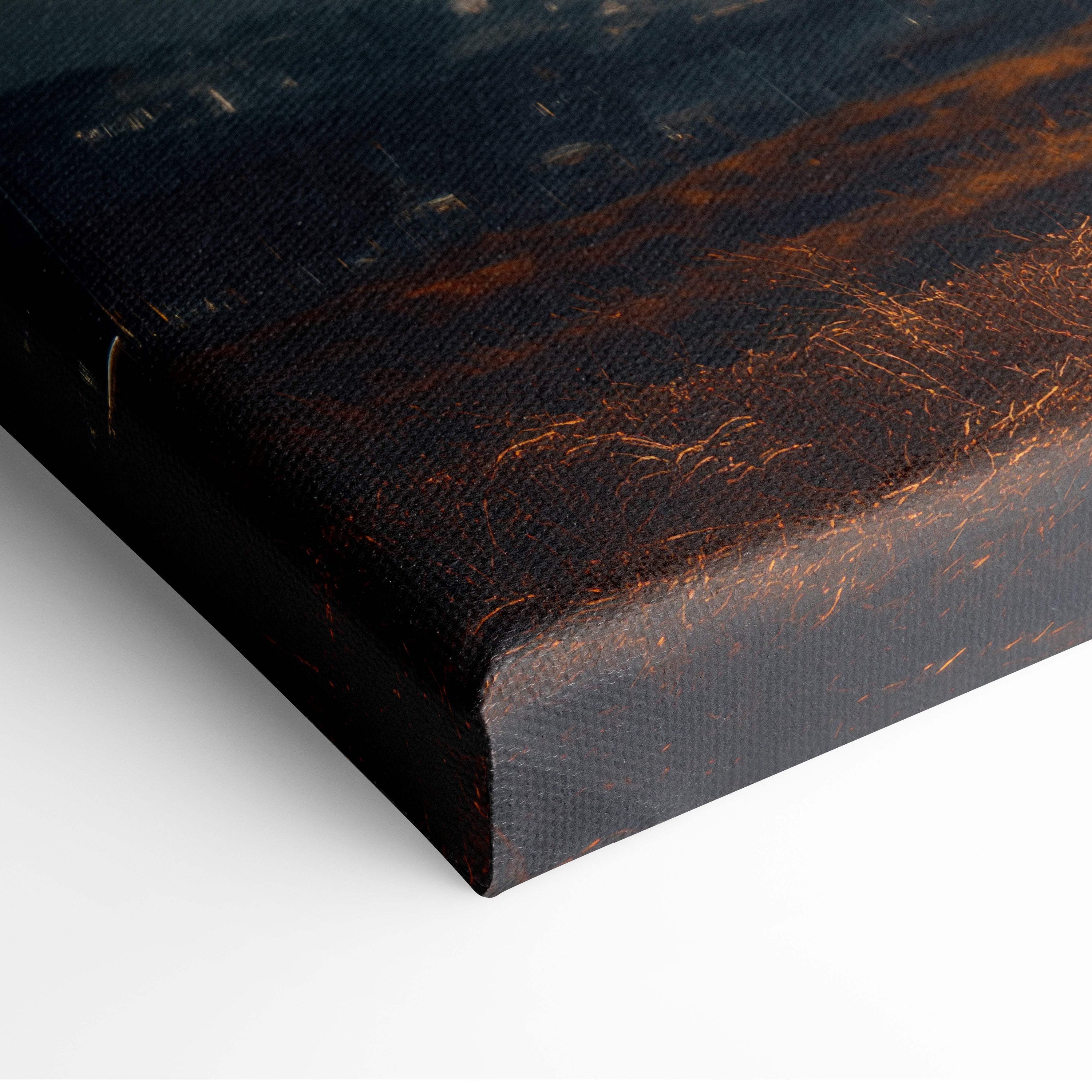 Black canvas print with textured distressed surface and brownish orange brushstrokes of massive tornado touchdown at dusk