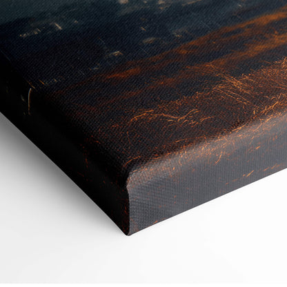 Black canvas print with textured distressed surface and brownish orange brushstrokes of massive tornado touchdown at dusk