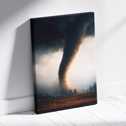A canvas print showing a massive tornado with dark swirling clouds and golden light over rural fields at dusk
