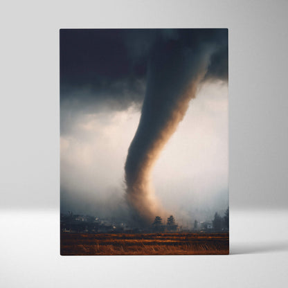 A rectangular canvas print of a massive gray and brown tornado over open fields at dusk near a rural town