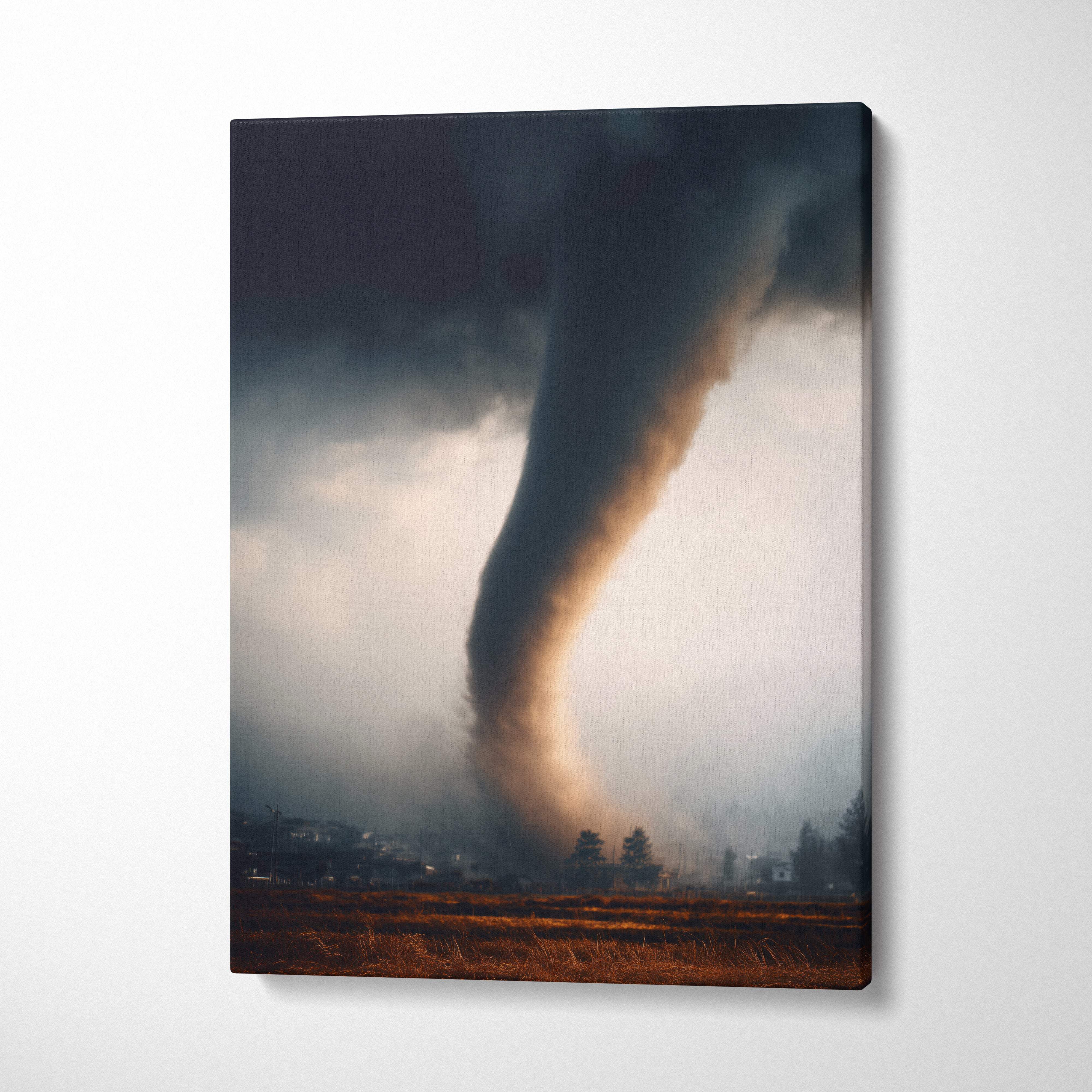 A dramatic canvas print of a massive tornado with dark and golden hues over rural fields at dusk