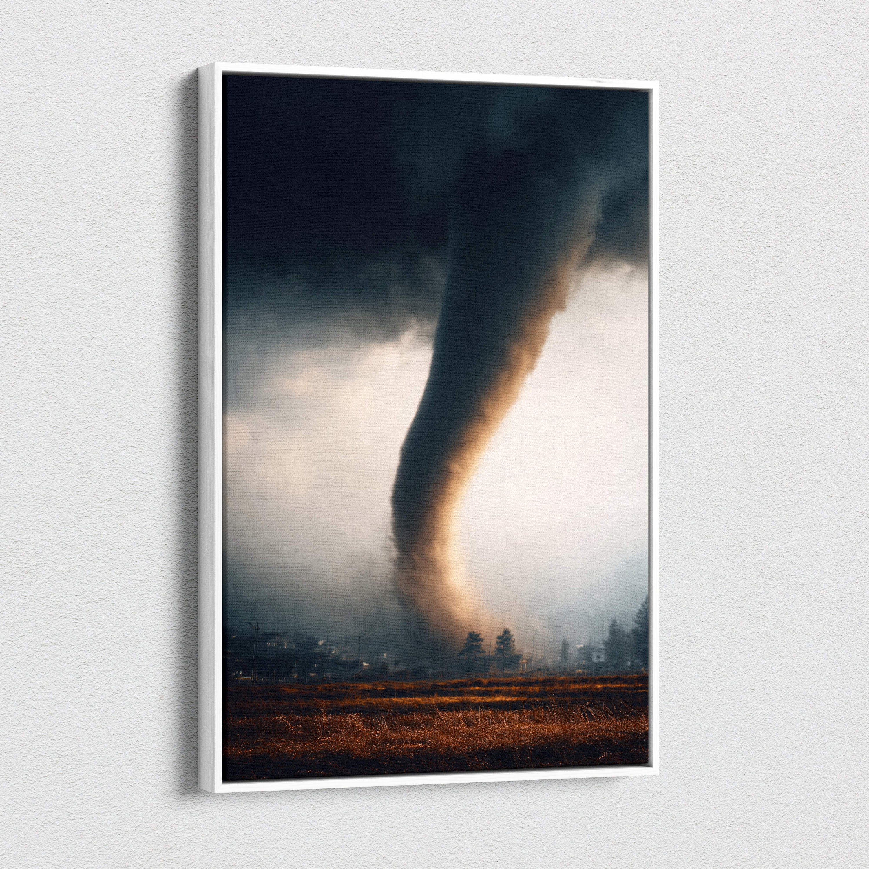 A framed photograph of a massive tornado touchdown with dark swirling clouds and golden light over rural fields at dusk