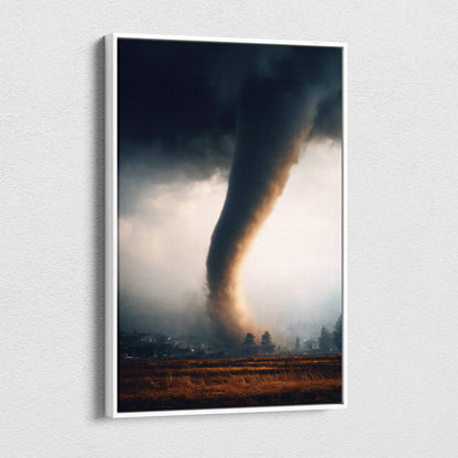 A framed photograph of a massive tornado touchdown with dark swirling clouds and golden light over rural fields at dusk