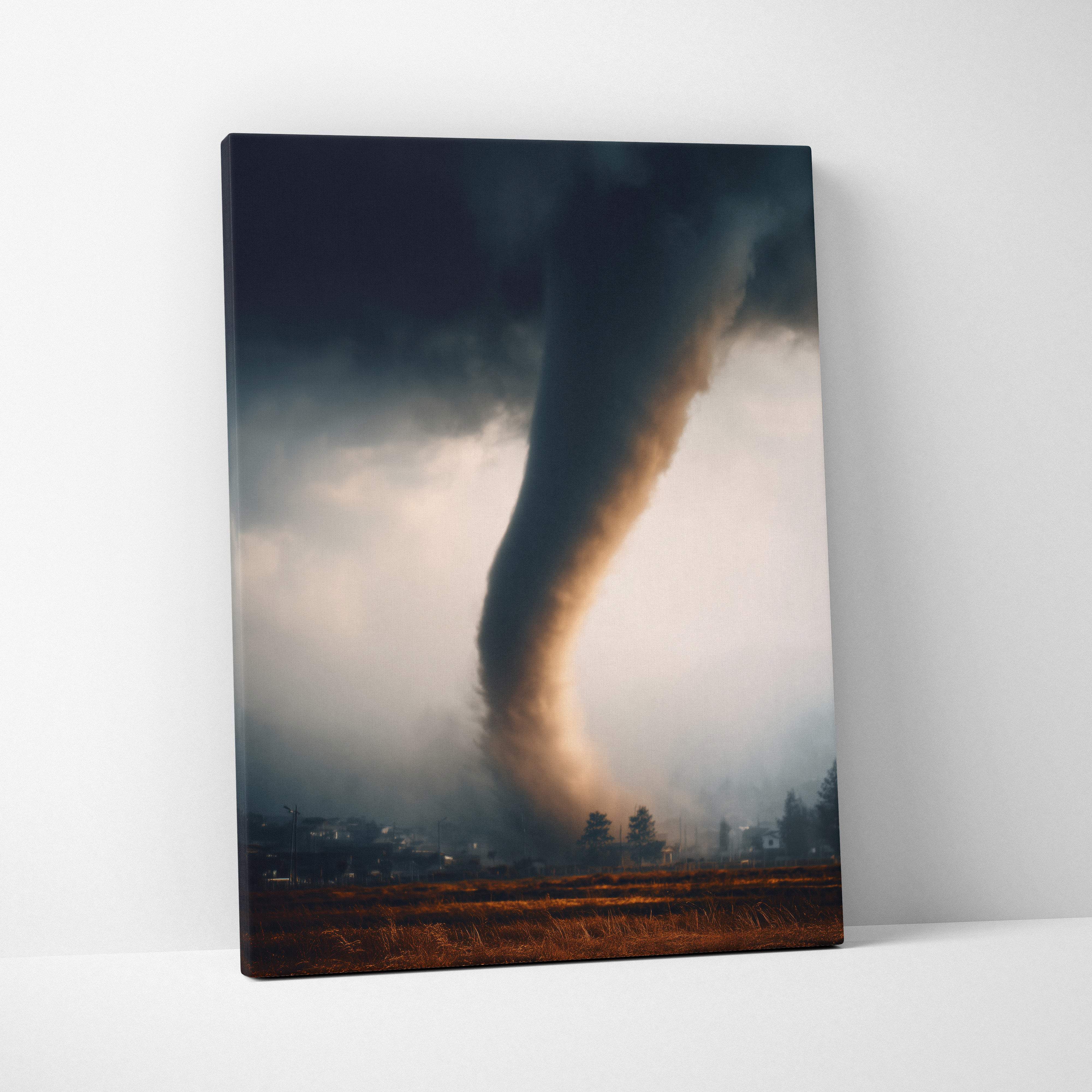 Canvas print of a massive tornado with dark swirling clouds and glowing orange core over muted rural landscape at dusk