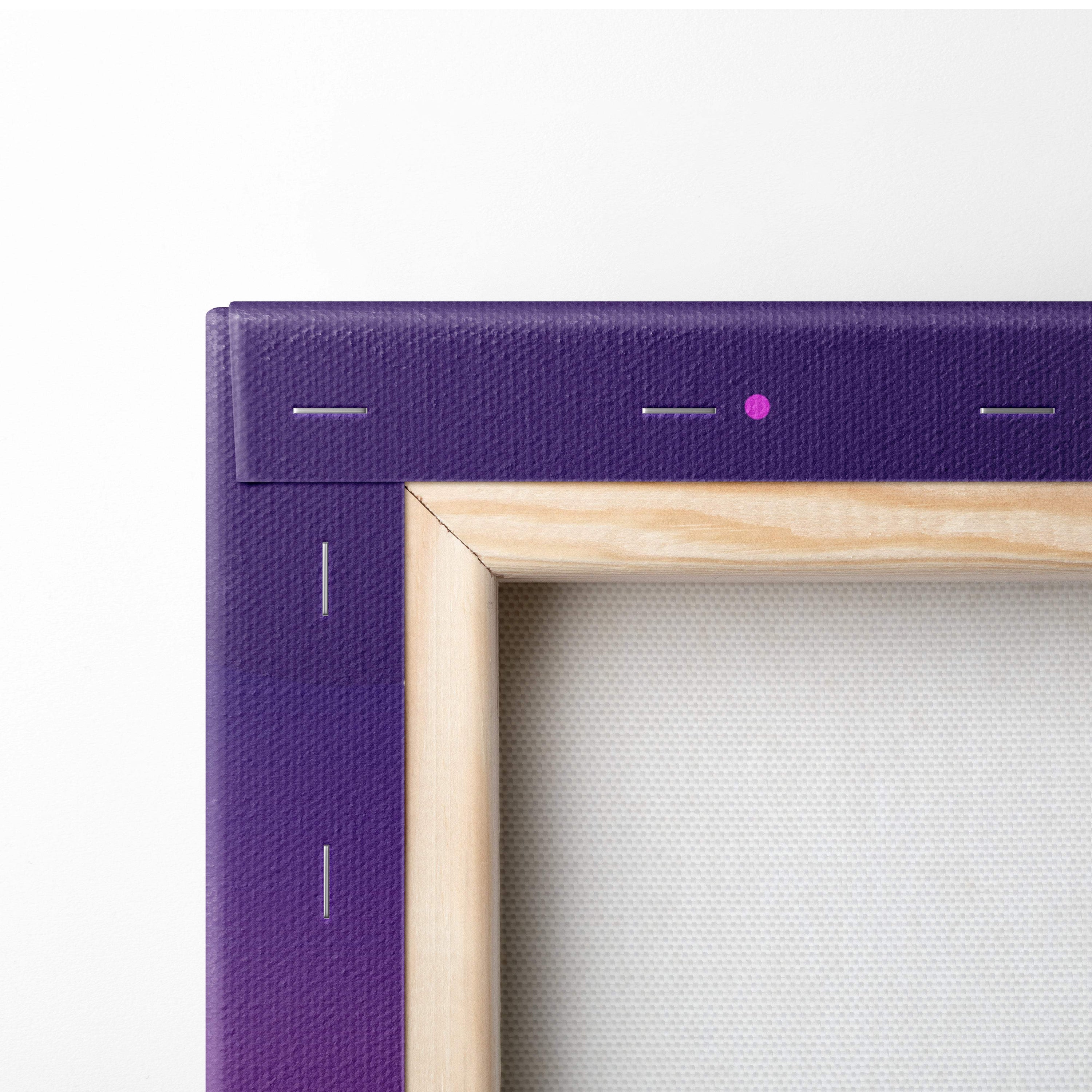Purple textured canvas frame with light wood border featuring vaporwave retro car sunset synthwave art print