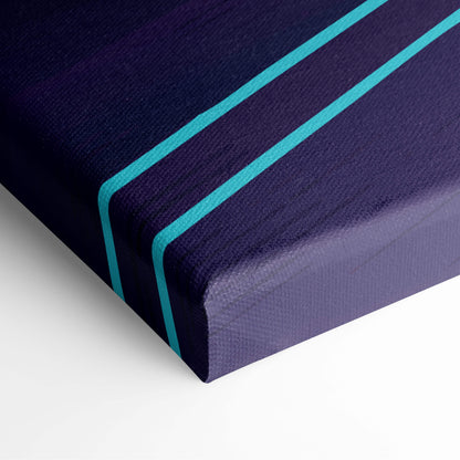 Deep navy canvas print with two teal stripes for vaporwave retro car sunset synthwave palm road wall decor