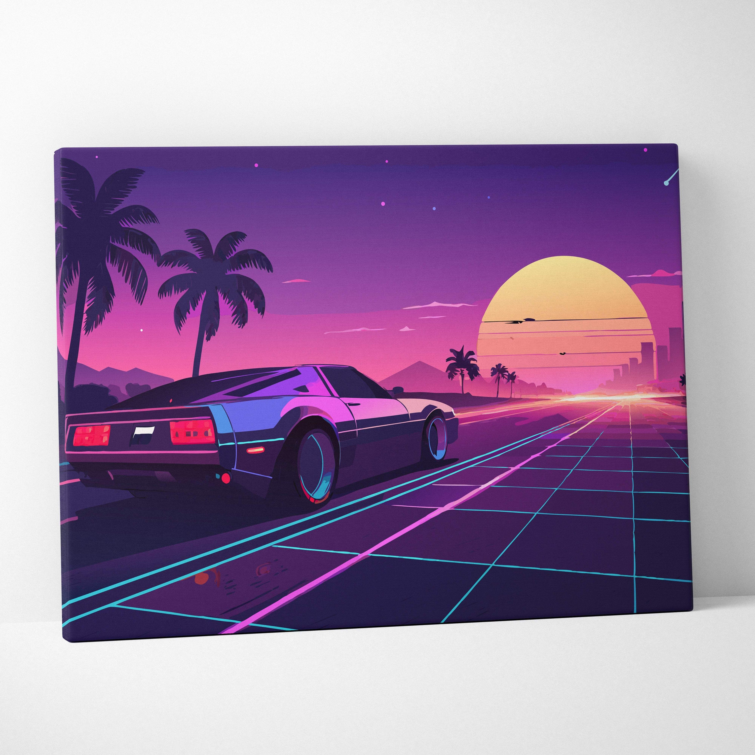 Vaporwave retro car sunset canvas art print featuring a sleek black sports car with neon accents on a purple pink synthwave road