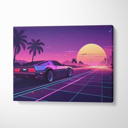 Vibrant vaporwave retro car sunset canvas art print featuring a metallic blue sports car on a neon grid road