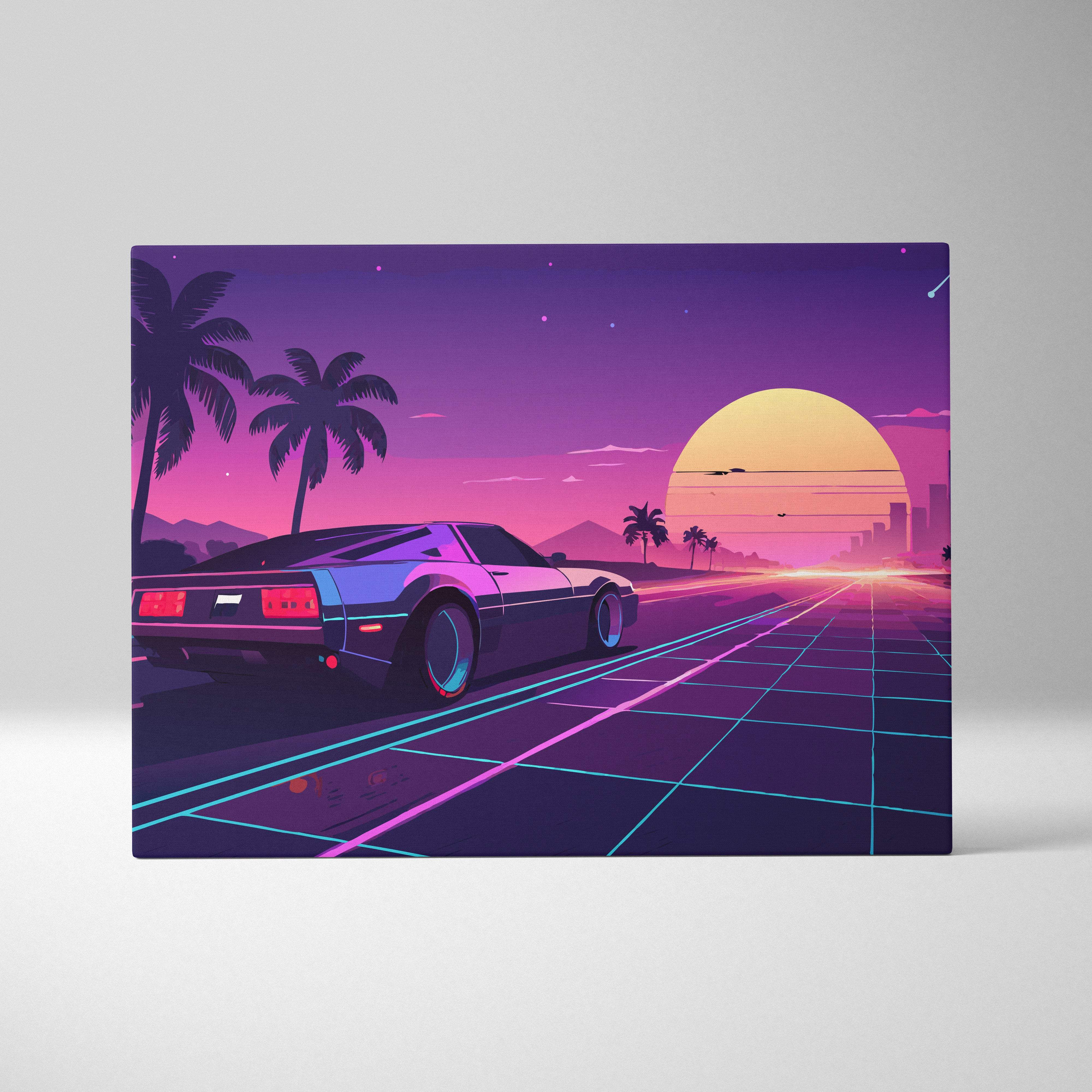 Vaporwave retro car sunset canvas art print featuring a dark purple sports car with neon accents on a grid road