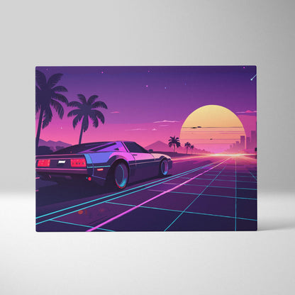 Vaporwave retro car sunset canvas art print featuring a dark purple sports car with neon accents on a grid road