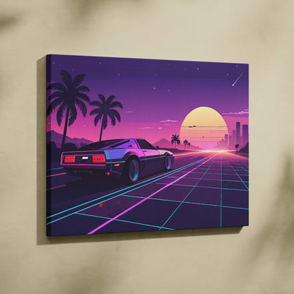 Vaporwave retro car sunset canvas art print featuring a sleek dark blue sports car on a neon grid road at sunset