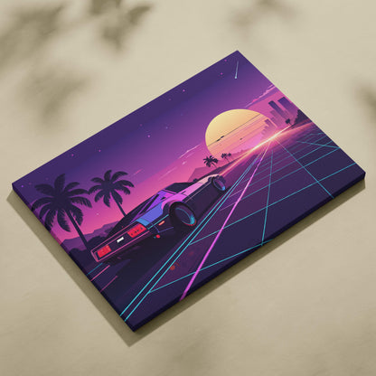 Vaporwave retro car sunset canvas art print featuring a sleek neon-lit sports car on a purple pink synthwave highway