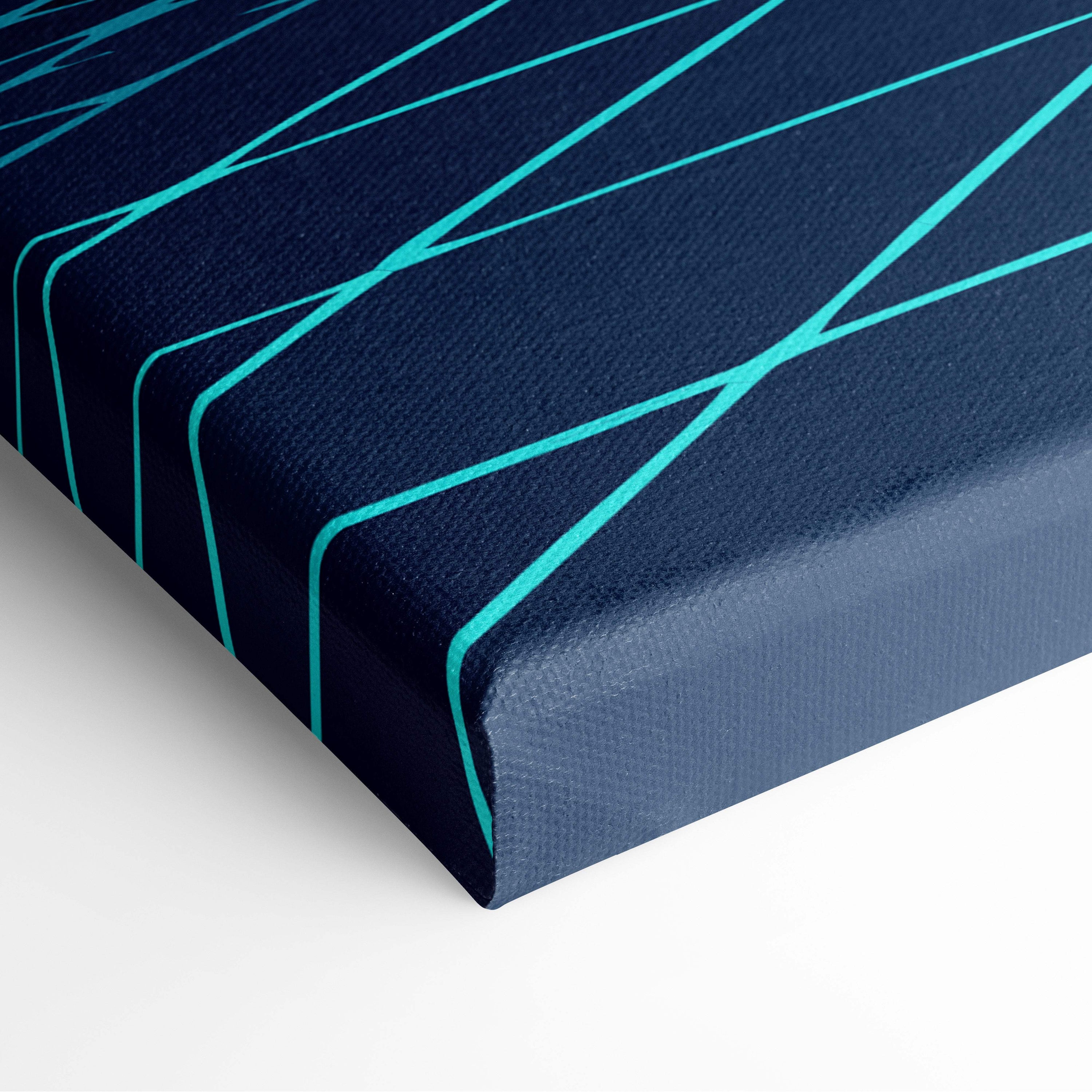 Vaporwave palm tree sunset canvas art print with navy blue canvas and teal diagonal geometric lines for retro wall decor