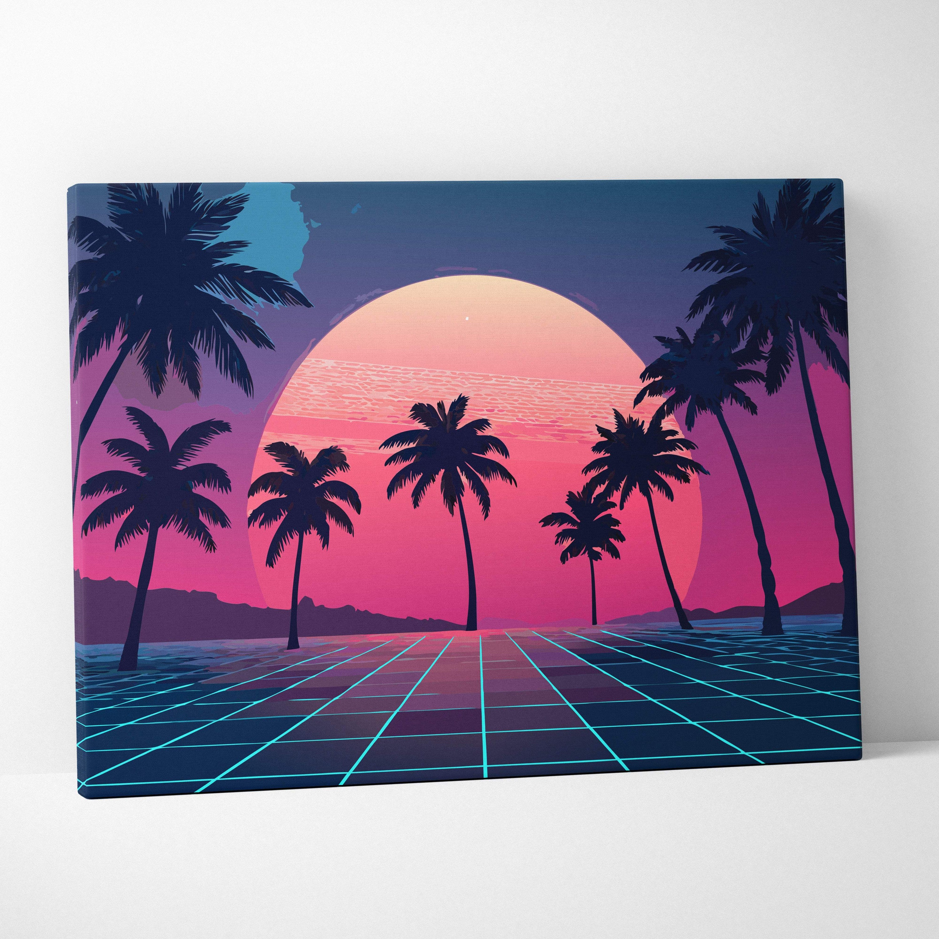 Vaporwave palm tree sunset canvas art print shows silhouetted palm trees against a neon pink orange synthwave grid ocean