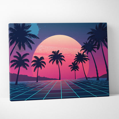 Vaporwave palm tree sunset canvas art print shows silhouetted palm trees against a neon pink orange synthwave grid ocean