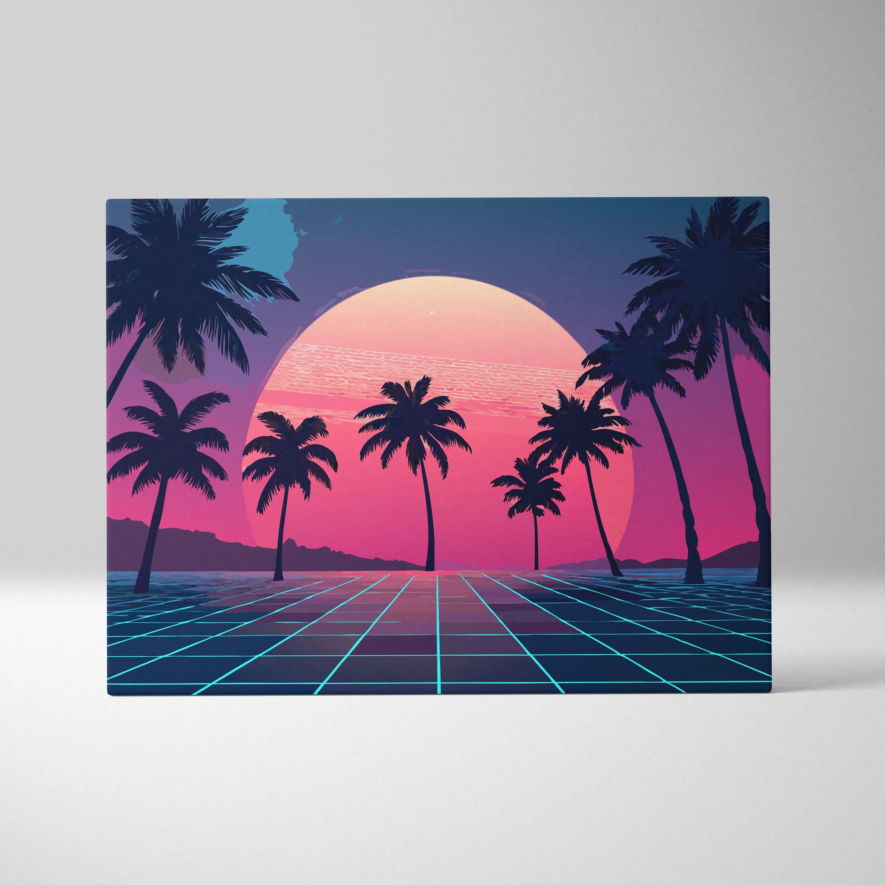 Vaporwave palm tree sunset canvas art print with glowing pink and orange sun over neon grid ocean floor
