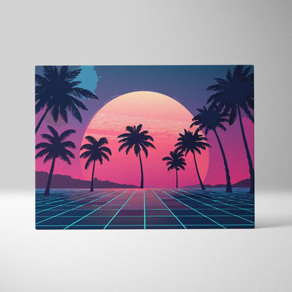 Vaporwave palm tree sunset canvas art print with glowing pink and orange sun over neon grid ocean floor