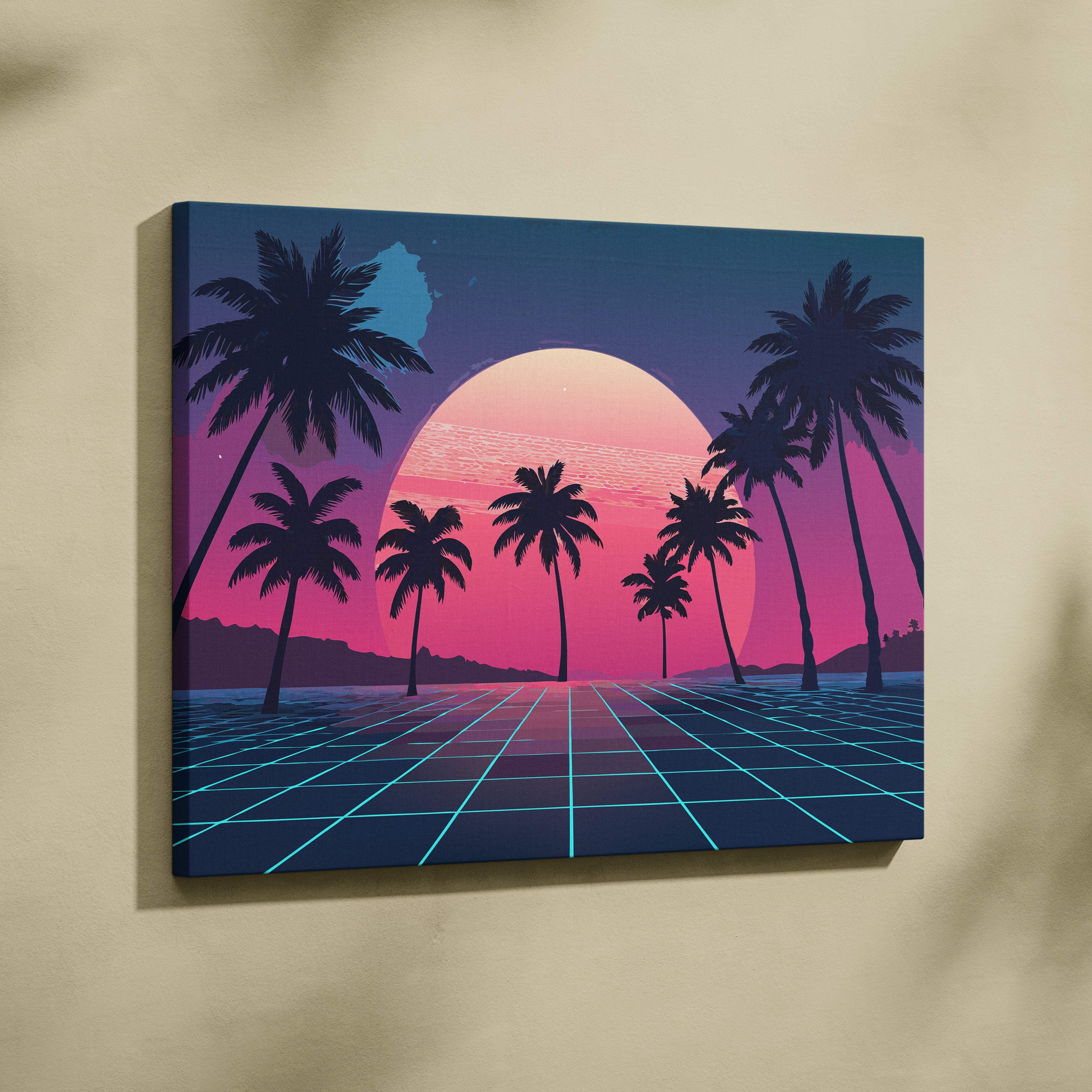 Vibrant retro-futuristic vaporwave palm tree sunset canvas print with pink and purple neon grid ocean design
