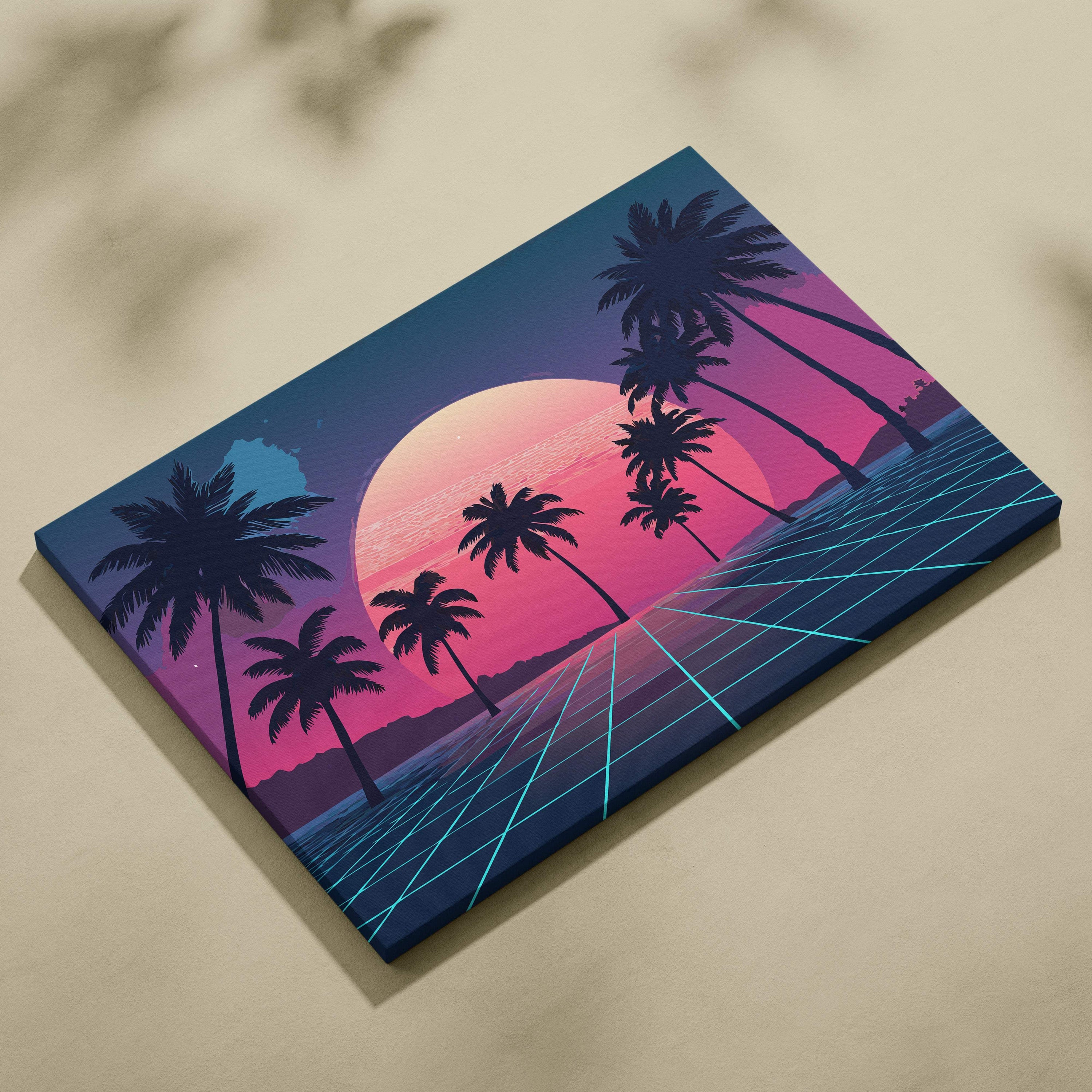 Vaporwave palm tree sunset canvas art print featuring vibrant pink blue neon sunset with glowing grid lines