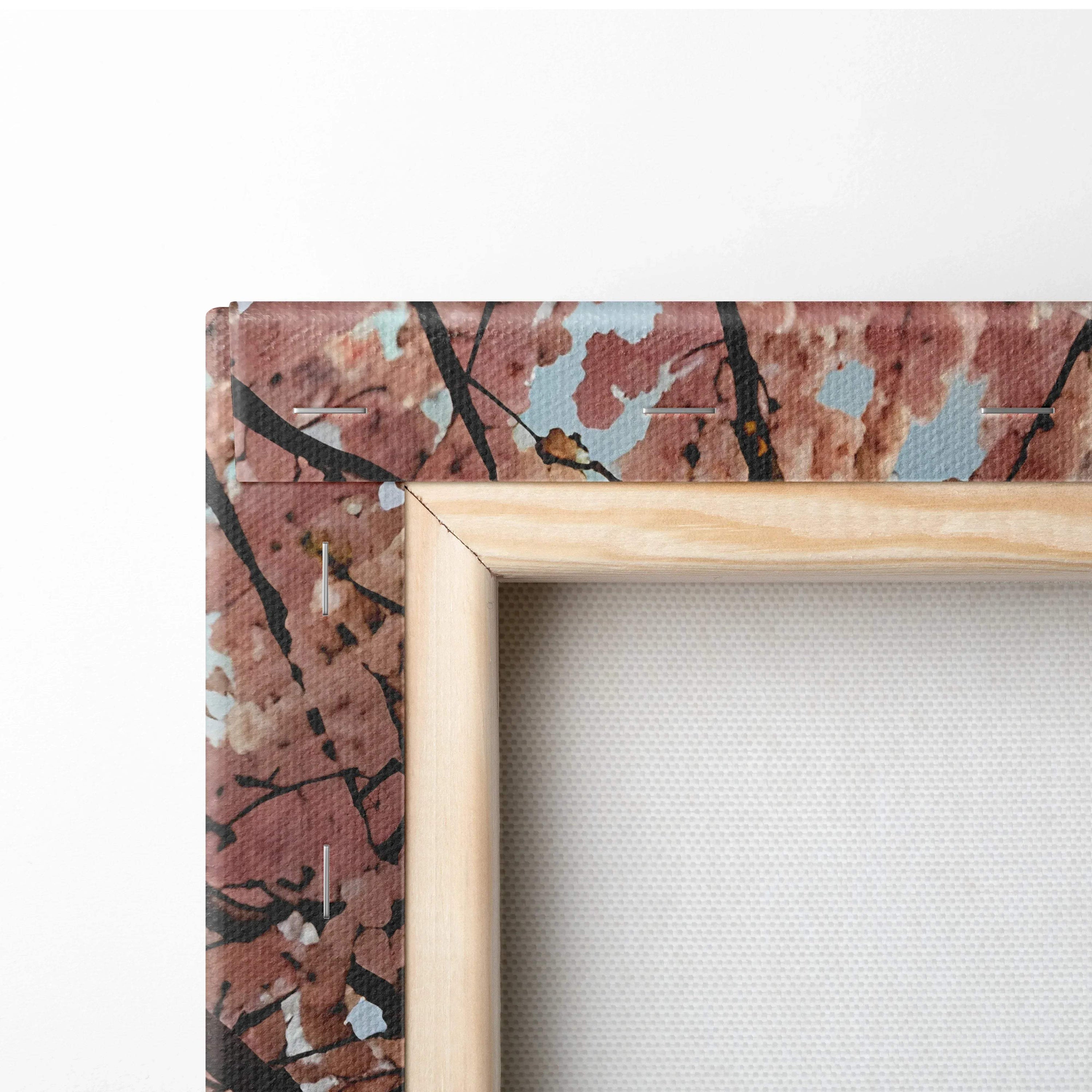 Cherry blossom watercolor canvas with natural wood frame, vertical wall art detail.