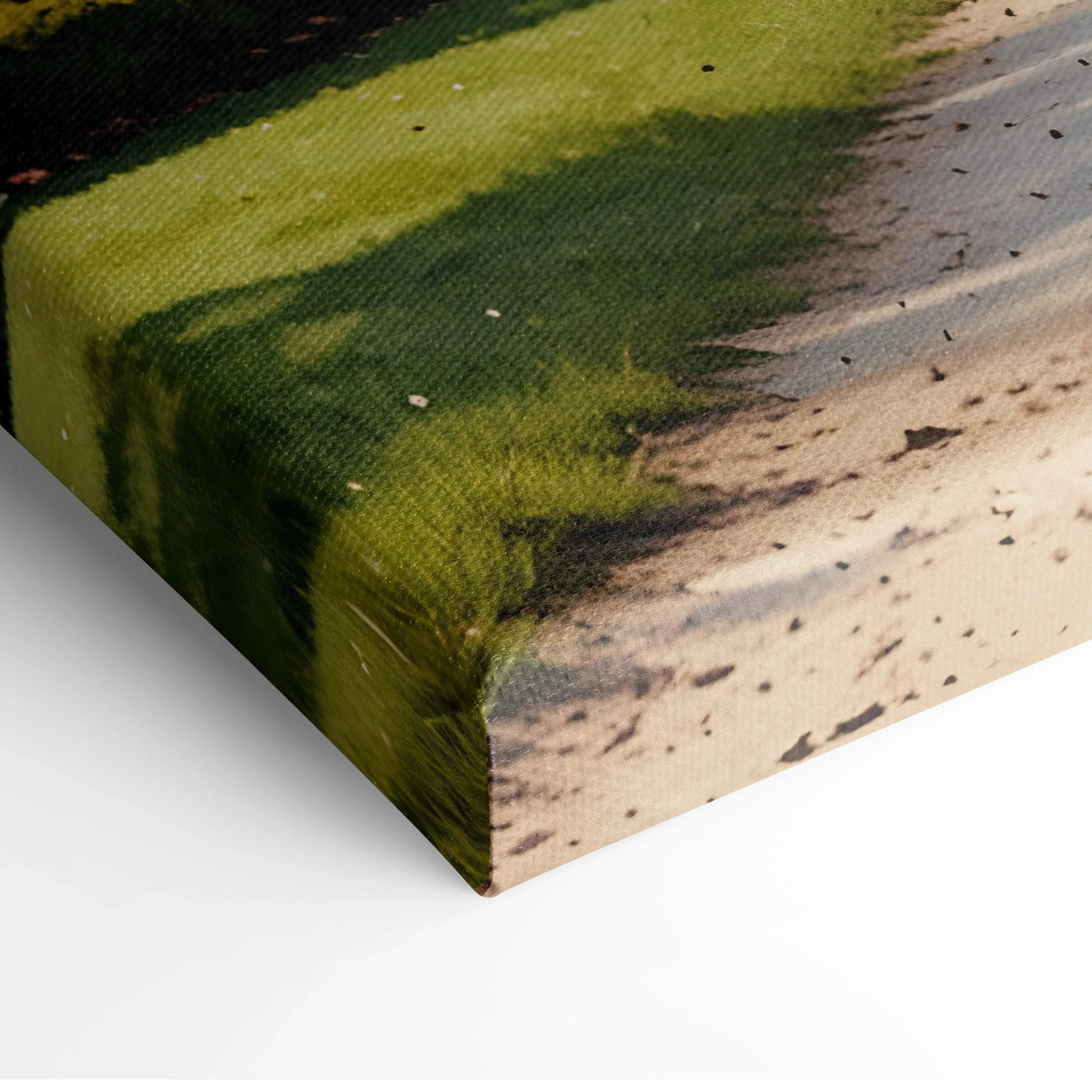 Close-up of canvas texture showing vibrant green and beige tones in vertical wall art print.