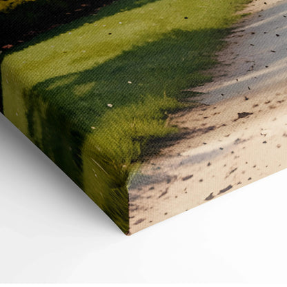 Close-up of canvas texture showing vibrant green and beige tones in vertical wall art print.