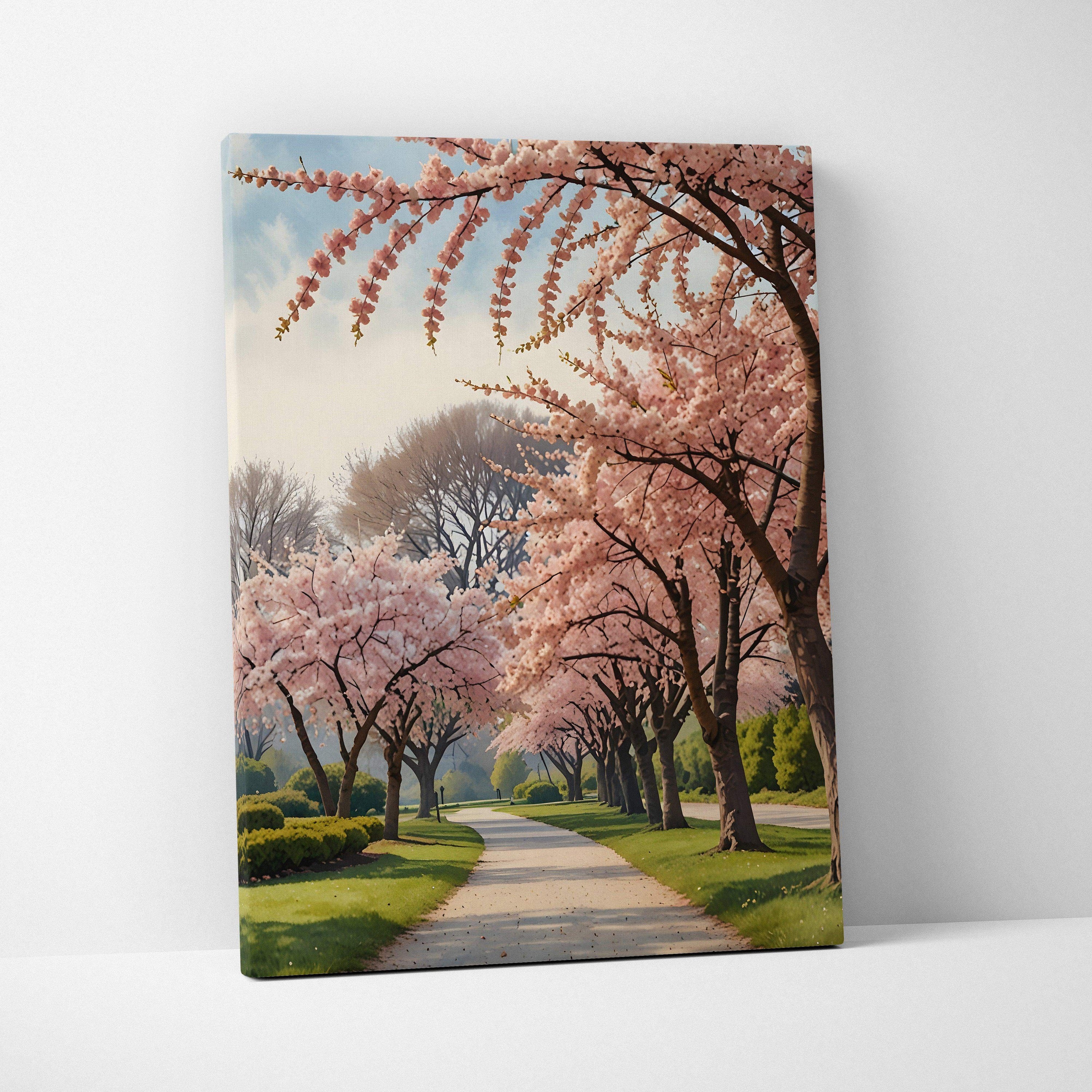 Vertical canvas wall art featuring a pathway lined with blooming cherry blossom trees in soft pinks and greens.