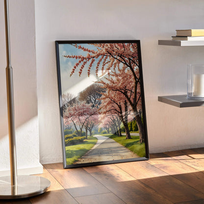 Watercolor style cherry blossom poster with pink flowers along a sunny tree-lined path wall art.