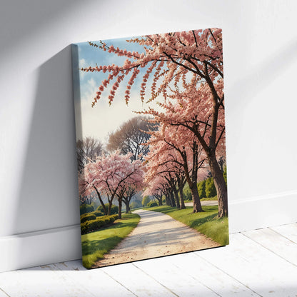 Vertical canvas wall art depicting a sunlit path lined with pink cherry blossom trees and green grass under a blue sky.