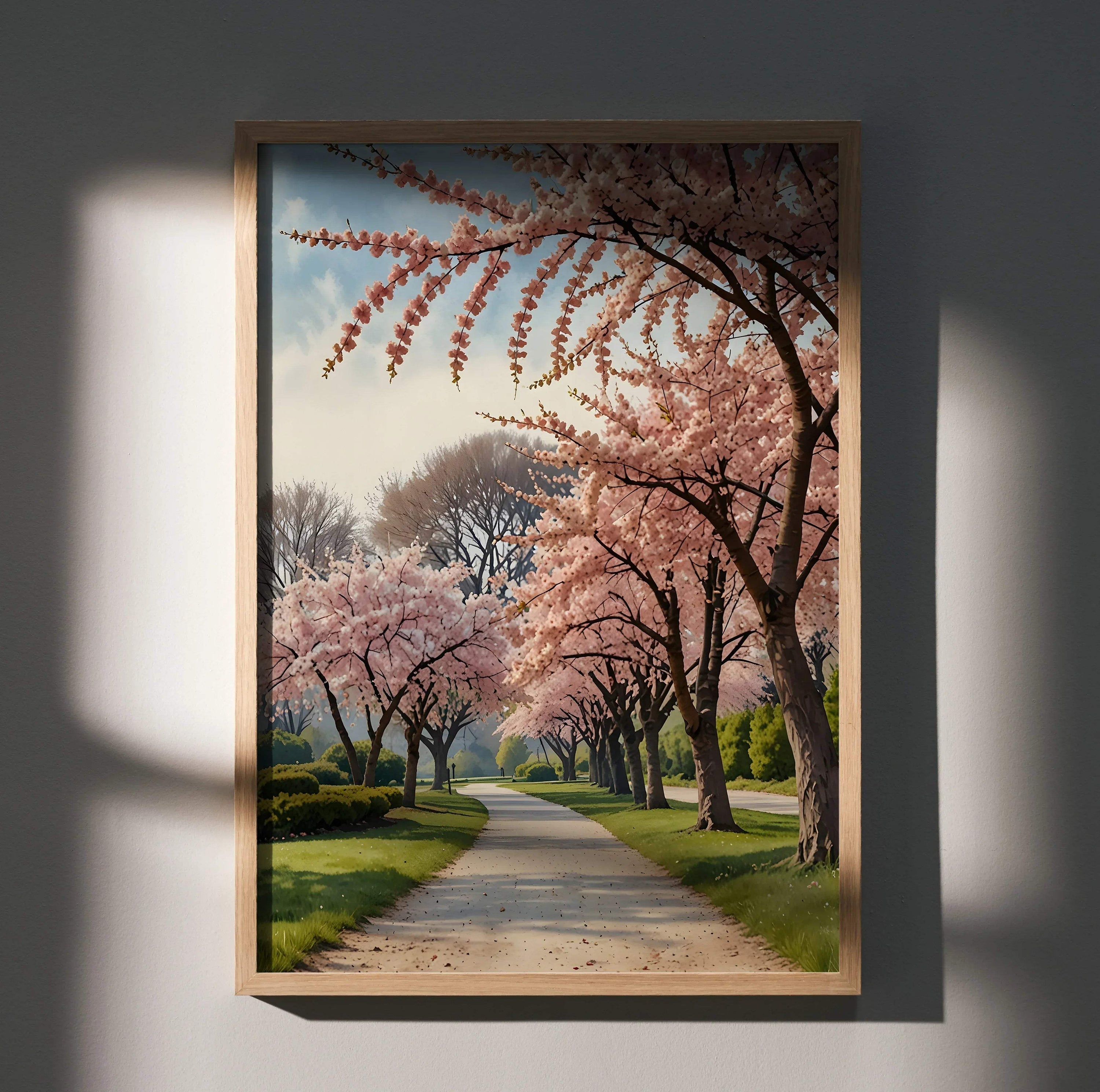 Vertical cherry blossom watercolor poster with pink flowers lining a sunlit path, nature wall art.