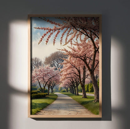 Vertical cherry blossom watercolor poster with pink flowers lining a sunlit path, nature wall art.