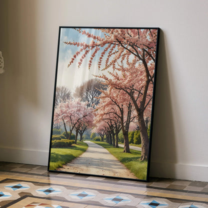 Vertical poster of watercolor cherry blossom trees lining a sunlit pathway, nature wall art.