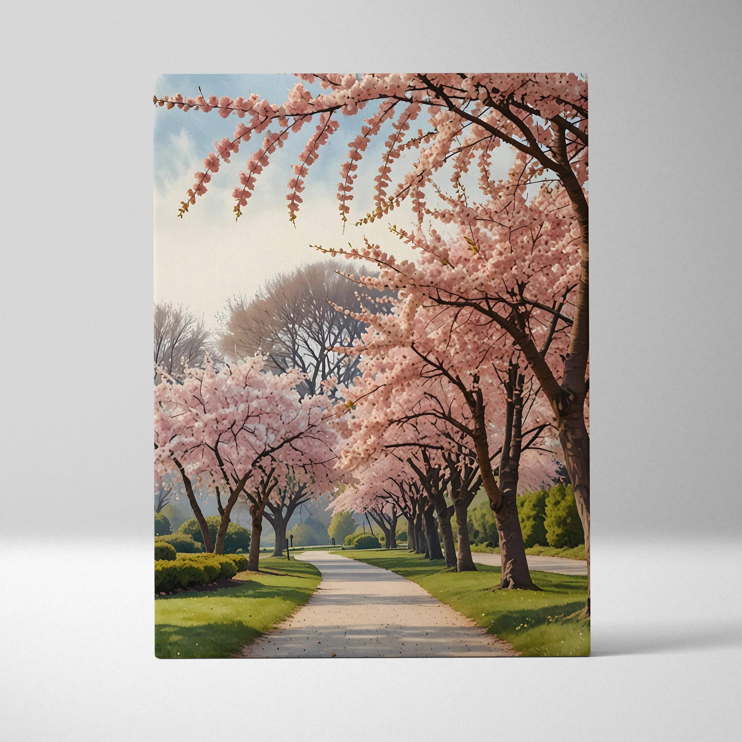 Vertical canvas wall art featuring a pathway lined with blooming cherry blossom trees under a blue sky.