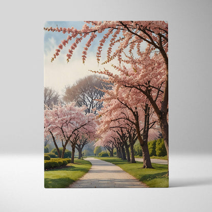 Vertical canvas wall art featuring a pathway lined with blooming cherry blossom trees under a blue sky.