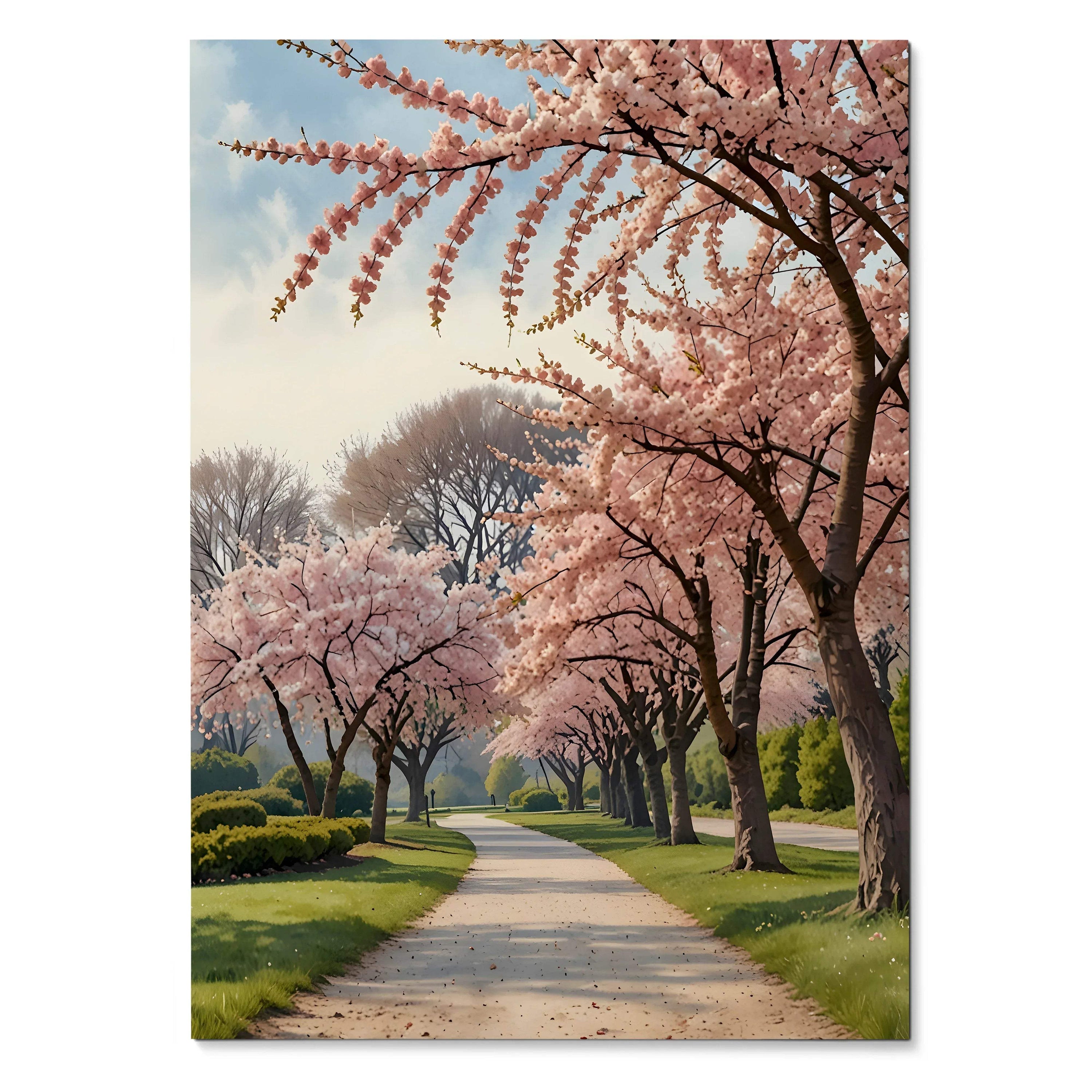 Vertical poster of a tree-lined path with blooming pink cherry blossoms and soft watercolor art style.