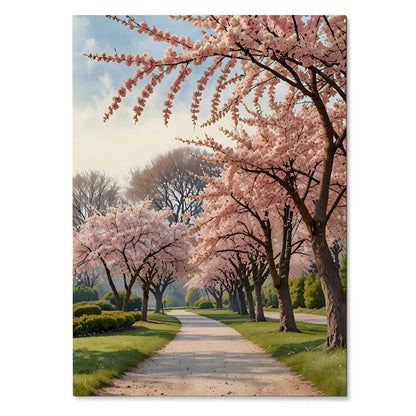 Vertical poster of a tree-lined path with blooming pink cherry blossoms and soft watercolor art style.