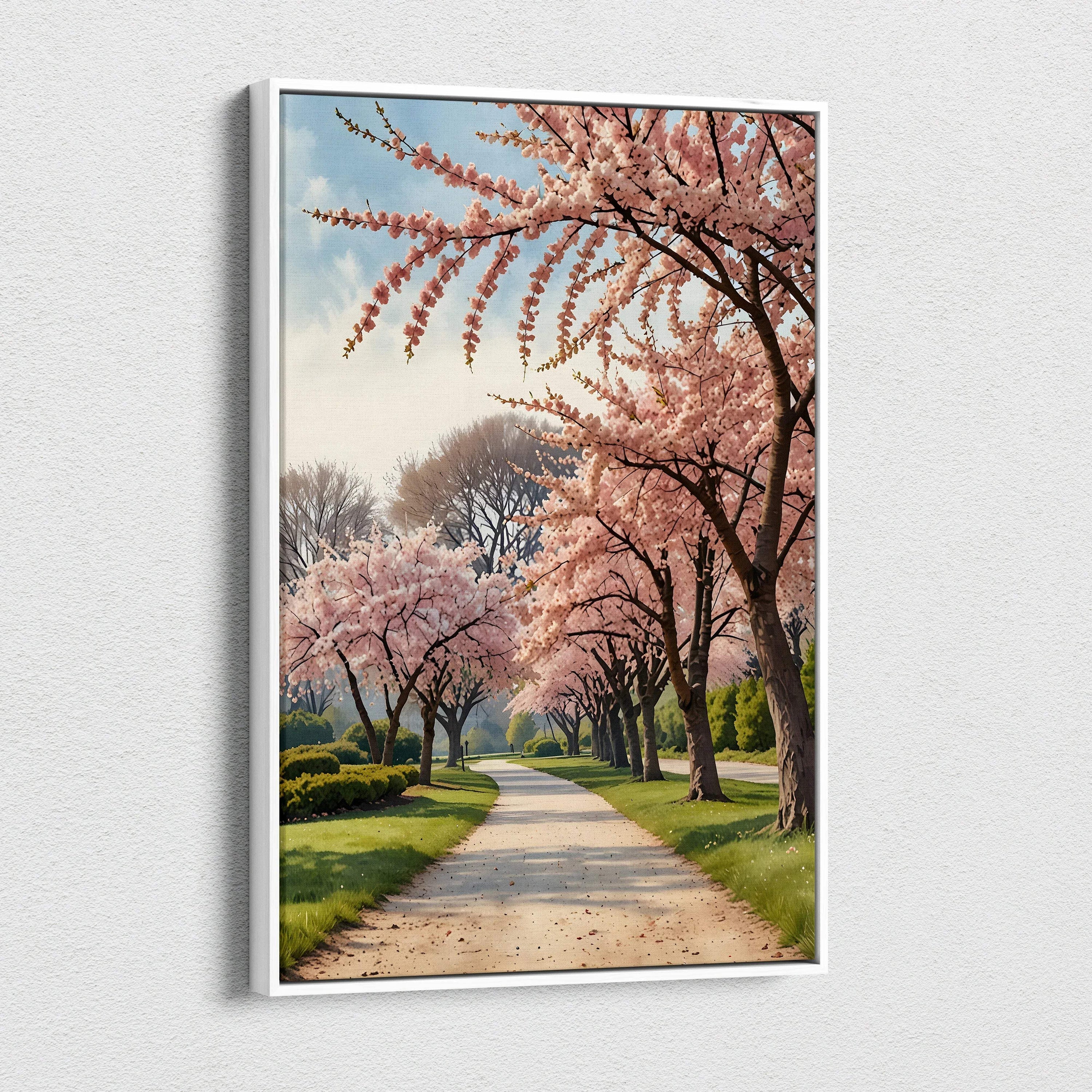 Vertical canvas wall art featuring cherry blossom trees lining a sunlit pathway in soft watercolor style.