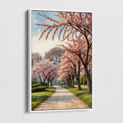 Vertical canvas wall art featuring cherry blossom trees lining a sunlit pathway in soft watercolor style.
