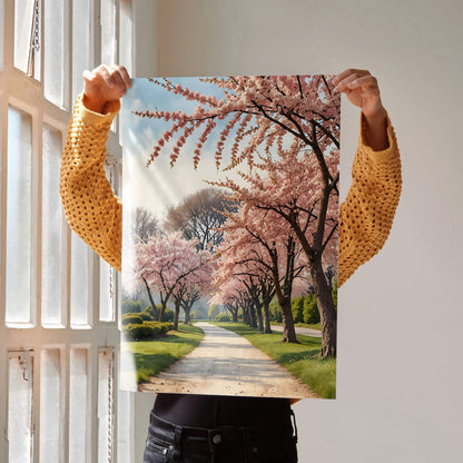 Watercolor style cherry blossom nature poster with pink trees lining a sunny path wall art.