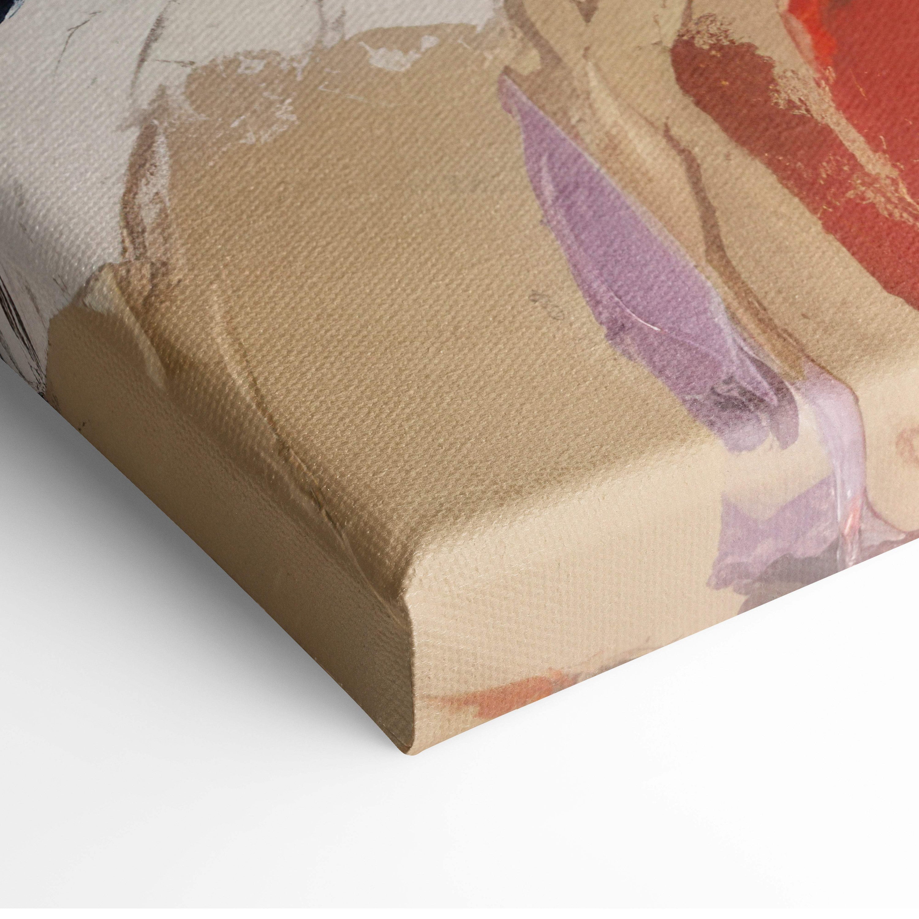 Abstract canvas wall art painting with textured beige purple and red brushstrokes on stretched fabric for modern decor
