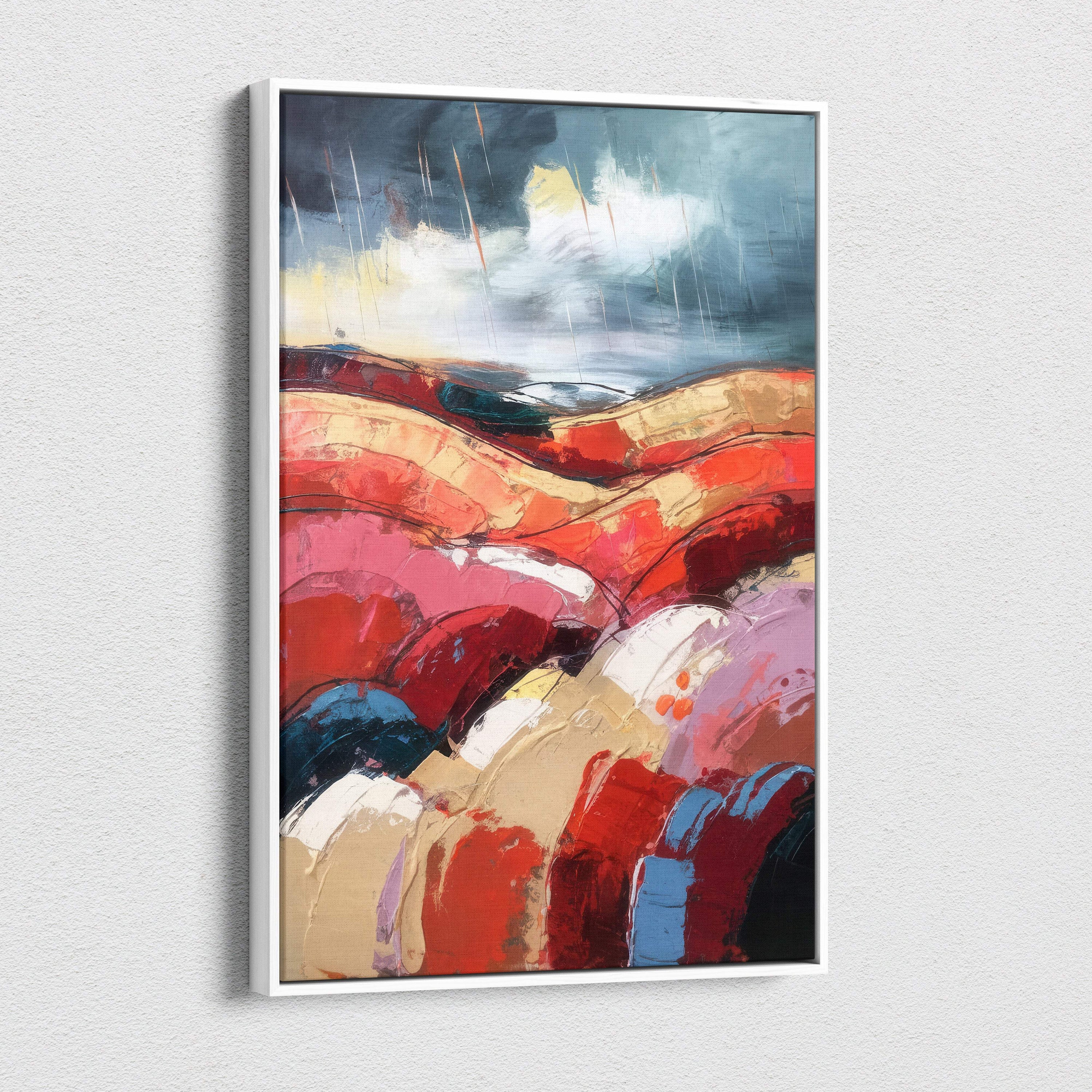Abstract landscape canvas wall art with bold red orange and blue brushstrokes in white frame for office or living room decor